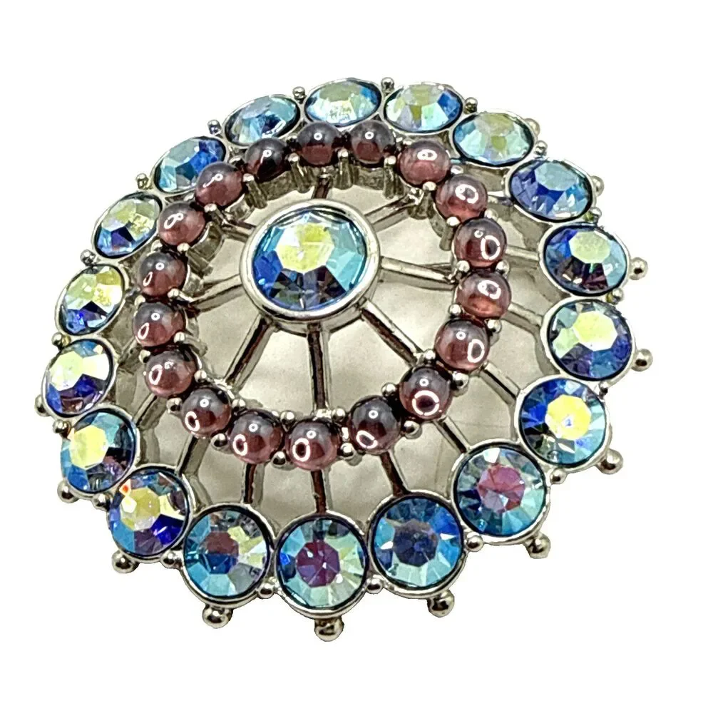 Vintage Blue Aurora Borealis Rhinestone Brooch Purple Moonstone Accents 2 1/8